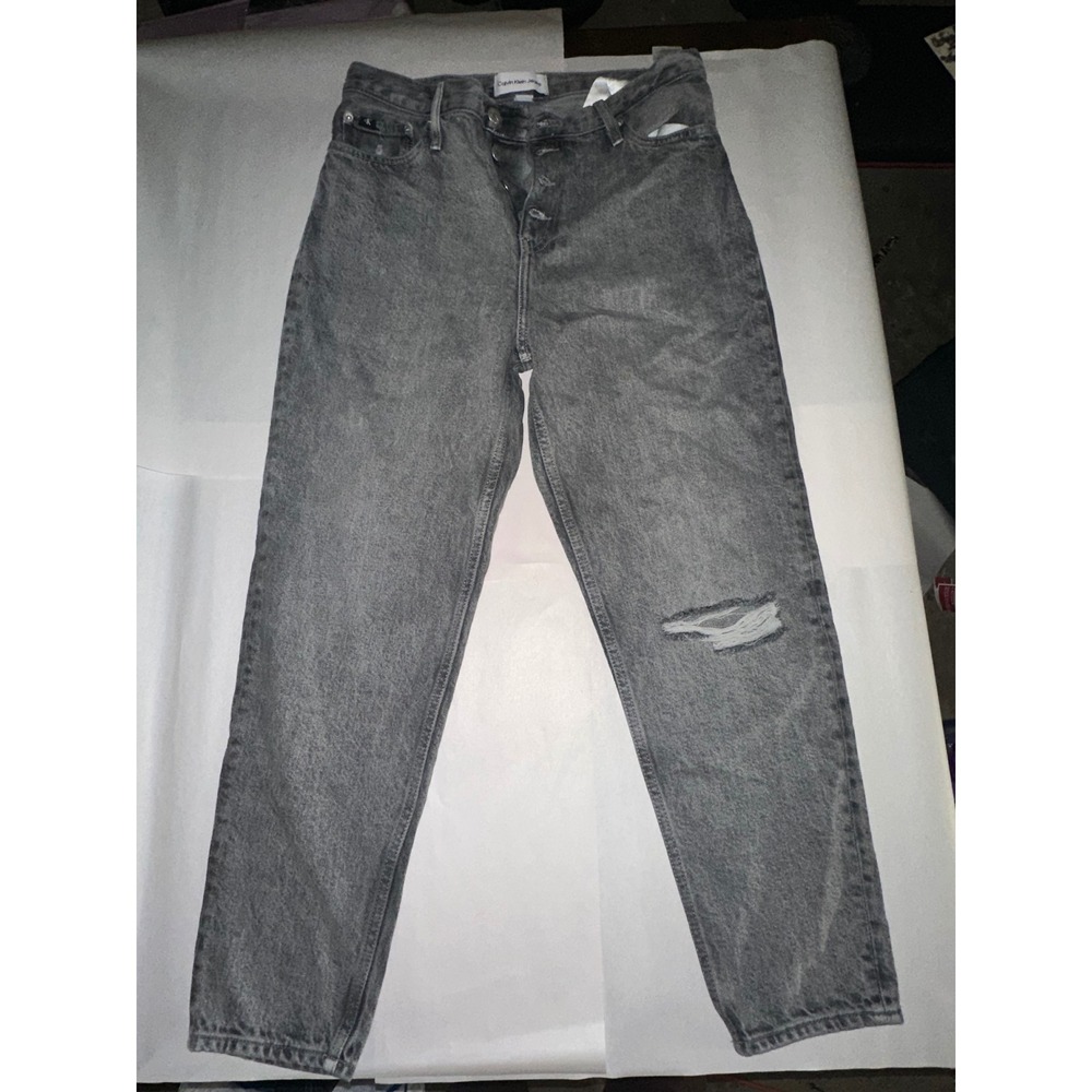 Calvin Klein Jeans Grey Acid Wash Distressed Mom Jean Button Fly W31